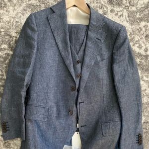 Suitsupply Blue Linen 3pc 36s Suit Pants V…